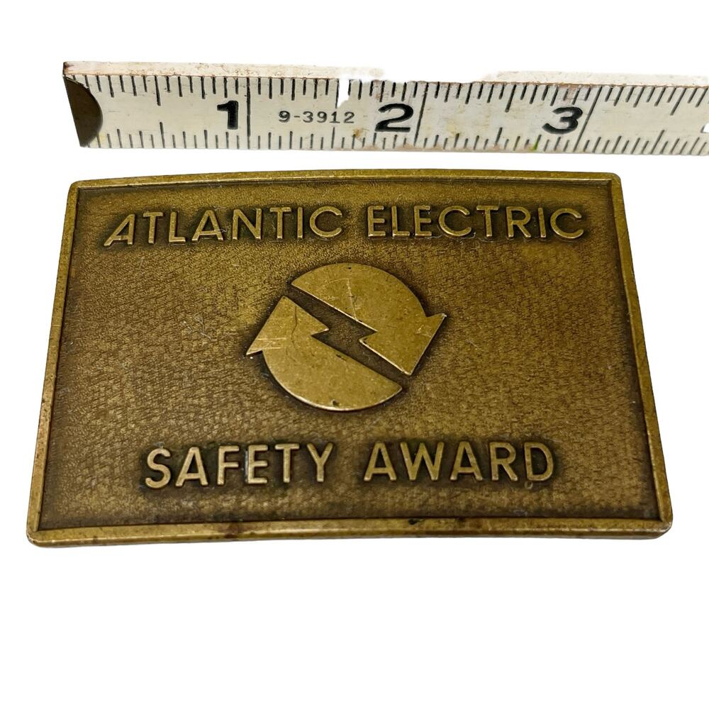 Vintage Atlantic Electric Safety Award Brass Belt Buckle 3" x 2"